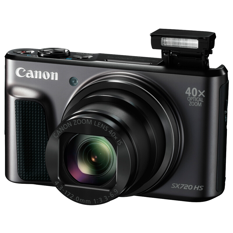 佳能（Canon）PowerShot SX720 HS 数码相机 1/2.3英寸CMOS传感器 2030万像素 3英寸显示屏 40倍光学变焦 无内置存储 24mm广角镜头 一年保修 黑色